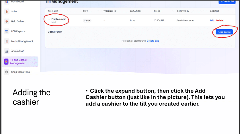 Add Cashier button